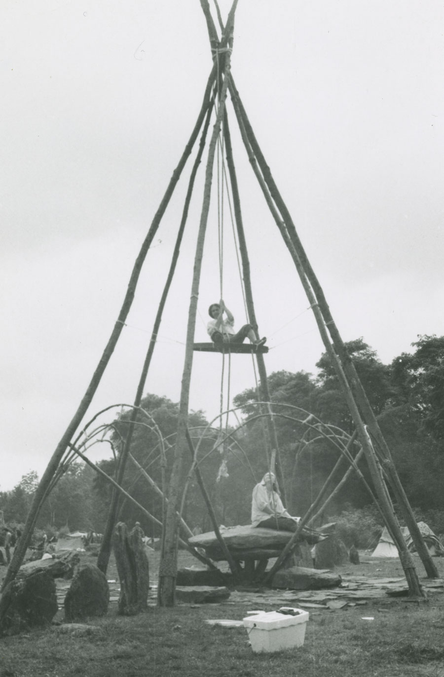 Dr. Harvey Manes on a swing beneath the TeePee sculpture at Woodstock in 1969. More than five decades later, Manes’ connection to the historic festival site continues through his support of arts education at Bethel Woods. Photo courtesy of Dr. Harvey Manes / Bethel Woods Center for the Arts.