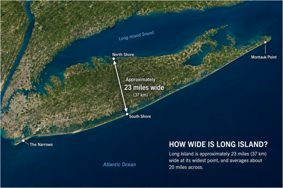 A satellite-style illustration of Long Island showing its north-to-south width at approximately 23 miles (37 km) at its widest point. The measurement highlights the island’s width between the North Shore and South Shore, with Long Island Sound to the north and the Atlantic Ocean to the south.