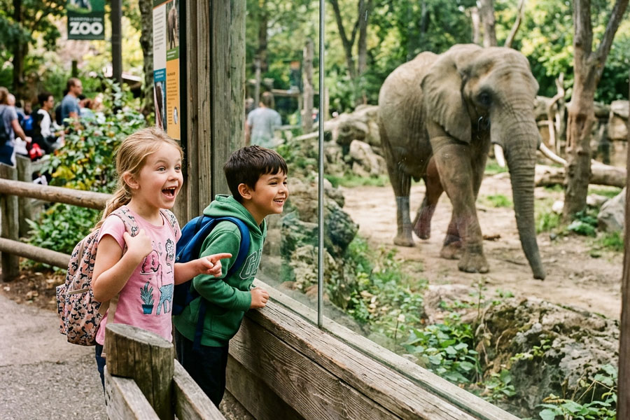 Children react excitedly as they watch an elephant through a glass viewing area at the zoo. Animal attractions like this give families an up-close look at wildlife and make zoos, aquariums, and nature centers popular destinations for day trips and educational outings.