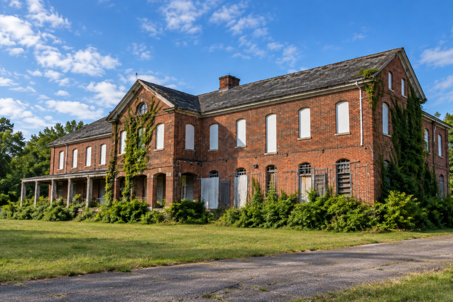 One of the surviving red-brick barracks buildings at historic Fort Terry on Plum Island in Suffolk County. The former U.S. Army installation was developed to help defend the eastern entrance to Long Island Sound and remained in military use through World War II.