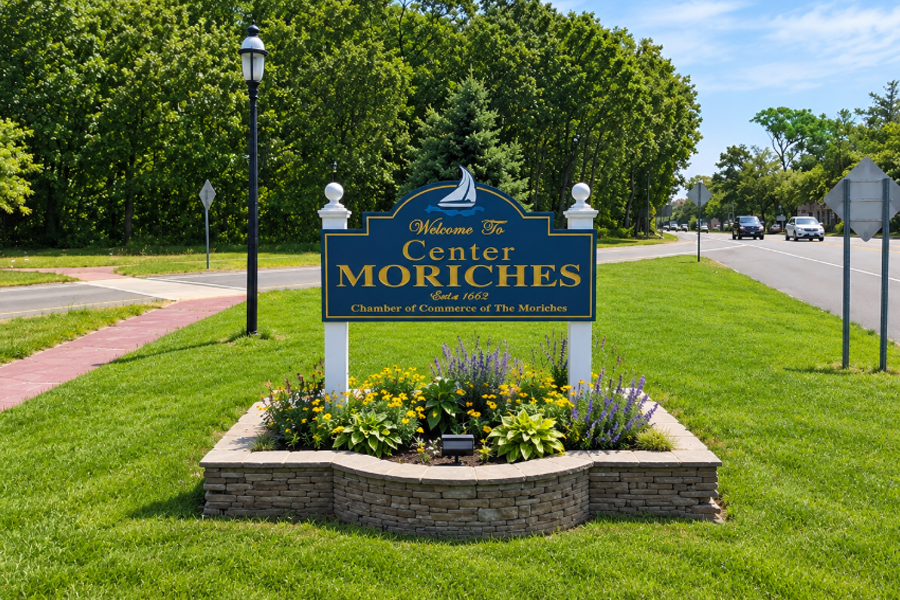 The Welcome to Center Moriches sign greets visitors to Center Moriches, a historic South Shore hamlet in the Town of Brookhaven, Suffolk County. The community traces its roots to the 17th century and today serves as one of the commercial and cultural centers of the Moriches area.