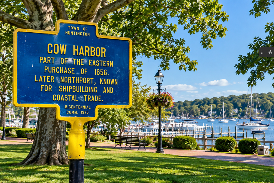 The historic Cow Harbor marker recalls the early name of present-day Northport and the community’s development from a 17th-century settlement into a center for shipbuilding and coastal trade. The marker stands near Northport’s waterfront, where the protected harbor remains central to the village’s identity.