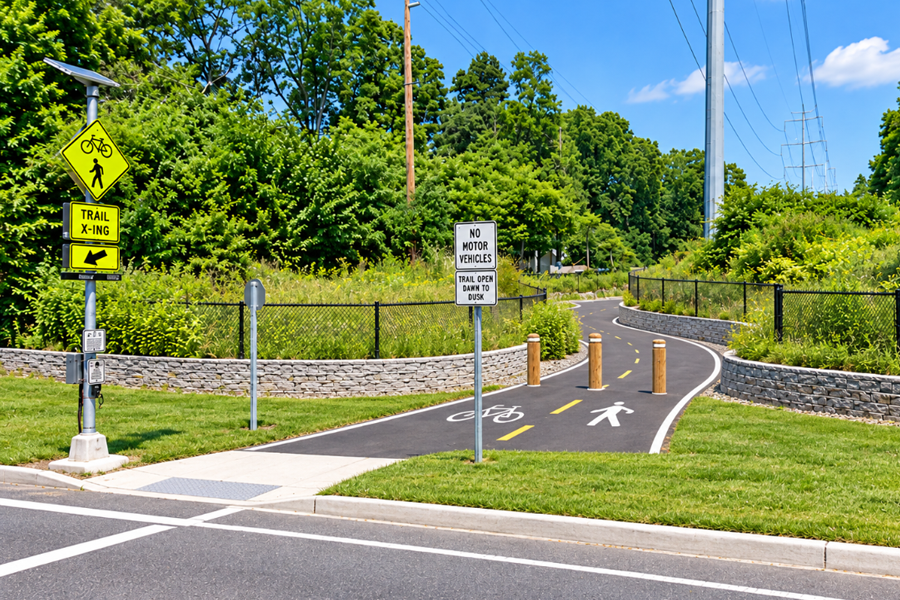 View of a trail entrance along Hallock Landing Road in Rocky Point, where a paved multi-use path leads into the Rocky Point Natural Resources Management Area, now managed as Rocky Point Pine Barrens State Forest. The preserve protects nearly 6,000 acres of Pine Barrens habitat in central Suffolk County and supports recreation including hiking, biking, horseback riding, and hunting.