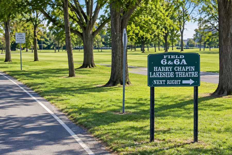 A roadside sign directs visitors toward Harry Chapin Lakeside Theatre and parking fields 6 and 6A inside Eisenhower Park in East Meadow. The outdoor venue is a longtime destination for free summer concerts, cultural celebrations and community events presented by Nassau County.