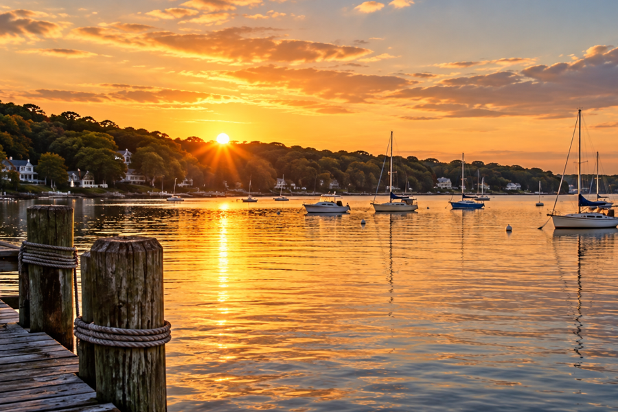 A sunset view inspired by Centerport Harbor, the North Shore waterfront historically known as Little Cow Harbor, with sailboats resting on calm waters beneath a tree-lined shoreline. The harbor once supported mills, schooners, and agricultural trade before Centerport developed into the residential waterfront community it is today.