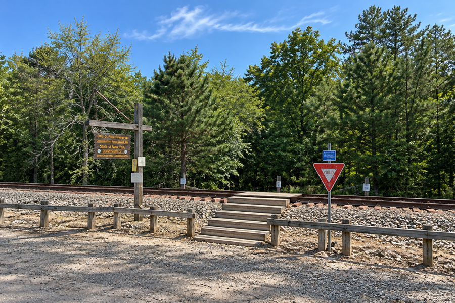 view of the entrance to Otis Pike Preserve near Connecticut Avenue in Manorville, where a railroad crossing and wooded access point lead into one of the preserve’s Pine Barrens parcels. Managed by the New York State Department of Environmental Conservation, the preserve protects thousands of acres of forest, wetlands, ponds, and Peconic River headwaters in central Suffolk County.