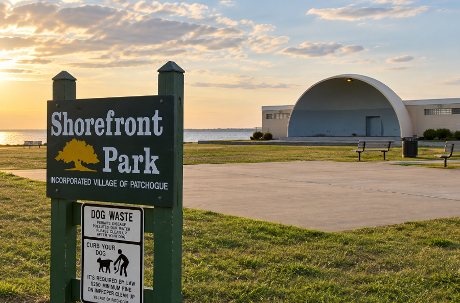 Shorefront Park in Patchogue offers sweeping views of the Great South Bay, with its waterfront bandshell, walking paths and open recreational areas providing a scenic setting for community events and outdoor activities.