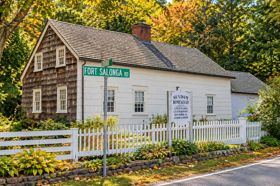 The historic Suydam Homestead stands along Fort Salonga Road in Centerport, preserving a piece of the community’s early 18th-century past. Dating to approximately 1730, the farmhouse was expanded over generations and today is maintained by the Greenlawn-Centerport Historical Association.