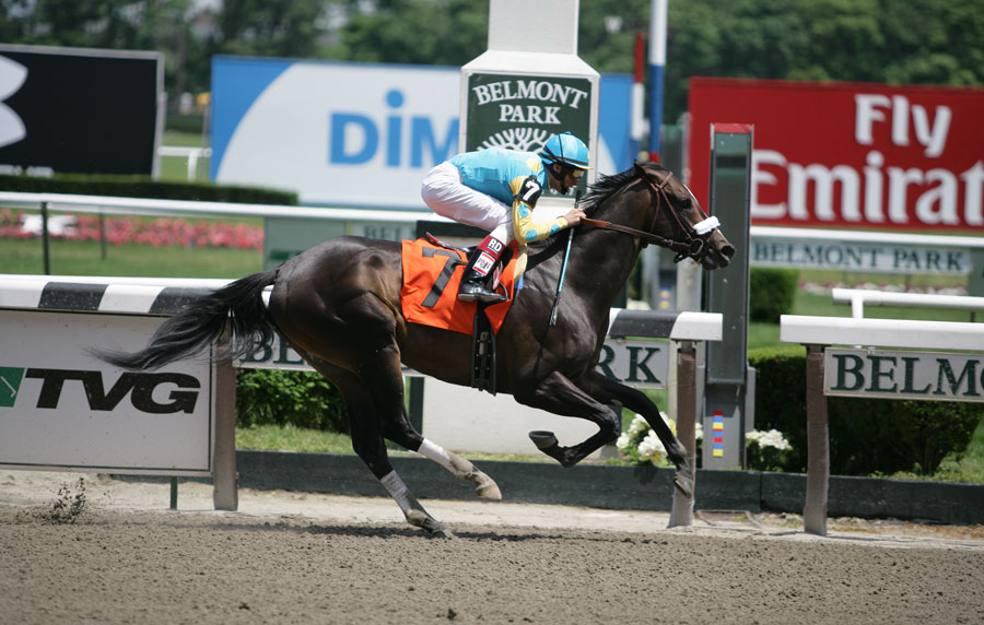 Just Ben, with jockey John Velazquez aboard, races to victory in the second race at Belmont Park on Belmont Stakes Day, June 6, 2009, in Elmont, New York. The historic racetrack reopened in September 2026 following a $555 million reconstruction.