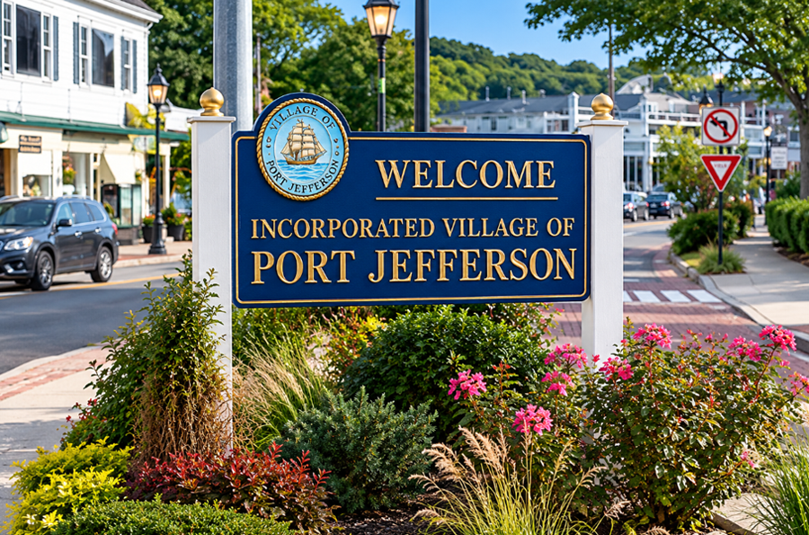 The welcome sign for the Incorporated Village of Port Jefferson highlights one of Long Island’s 96 incorporated villages, each with its own municipal government within the larger town and county structure. Port Jefferson is an incorporated waterfront village in the Town of Brookhaven in Suffolk County.