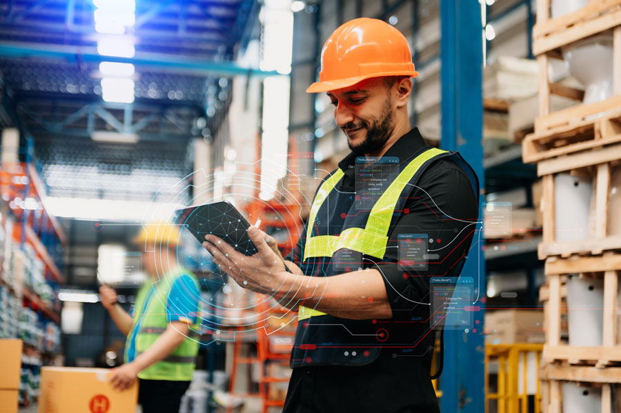 A warehouse worker uses a tablet while managing inventory and logistics operations. New August 2026 employment data shows Long Island’s private-sector job market was nearly flat from a year earlier, with gains in education and health services offset by losses across several other major industries.