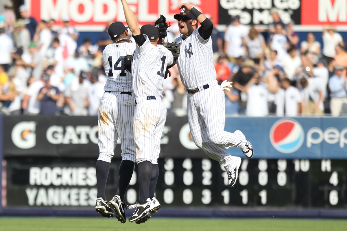 New York Yankees players celebrate on the field at Yankee Stadium in an earlier game. The Yankees defeated the Boston Red Sox 9-2 on Sept. 30, 2026, to complete a two-game American League Wild Card Series sweep. File photo: Debby Wong, licensed.