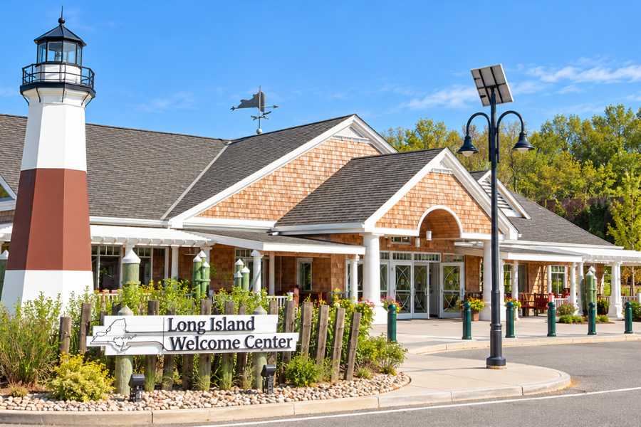 
The Long Island Welcome Center along the Long Island Expressway features coastal architecture and a distinctive lighthouse tower. Located in Dix Hills, the center offers travelers information about attractions and destinations across Long Island.


