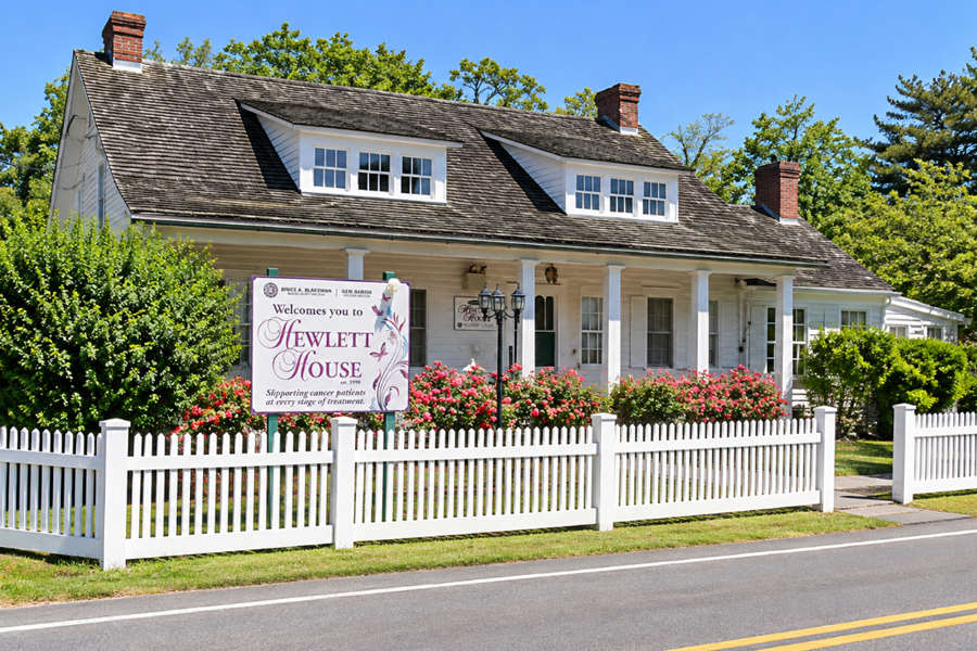 The historic Hewlett House in Hewlett, Nassau County, New York. Dating to approximately 1740, the colonial-era homestead features a distinctive shingled roof, dormer windows, a welcoming front porch, and landscaped gardens surrounded by a white picket fence. The preserved landmark has also served as a community support center for cancer patients.