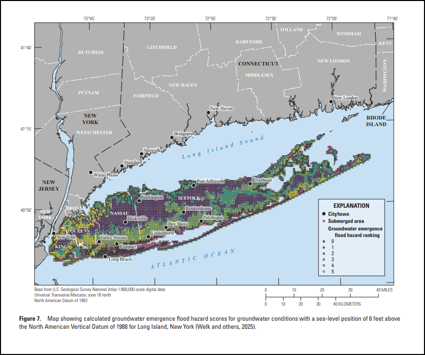 USGS map of Long Island groundwater flooding hazard scores at a simulated sea-level elevation of 6 feet above NAVD 88, with submerged areas shown in pink.