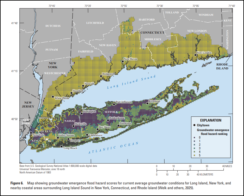 USGS map of current groundwater flooding hazard scores across Long Island and surrounding coastal areas.