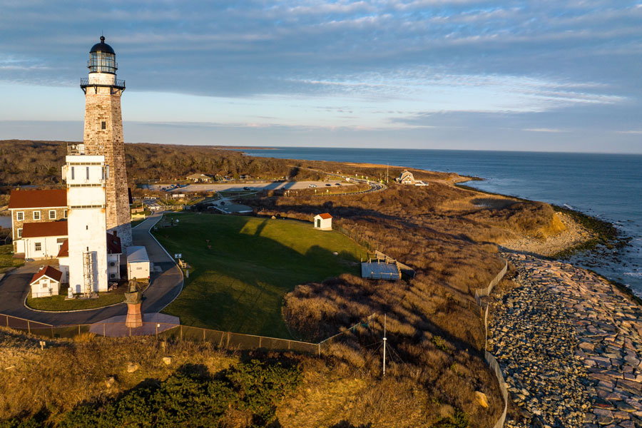 An aerial view of Montauk Point Lighthouse Museum at sunrise highlights one of Suffolk County’s recognizable coastal landmarks. Visitors spent an estimated $8.4 billion across Long Island in 2025, with Suffolk accounting for approximately 60% of the total. Food and beverages represented the largest regional spending category, followed by lodging. File photo: Wirestock Creators / Shutterstock.com, licensed.