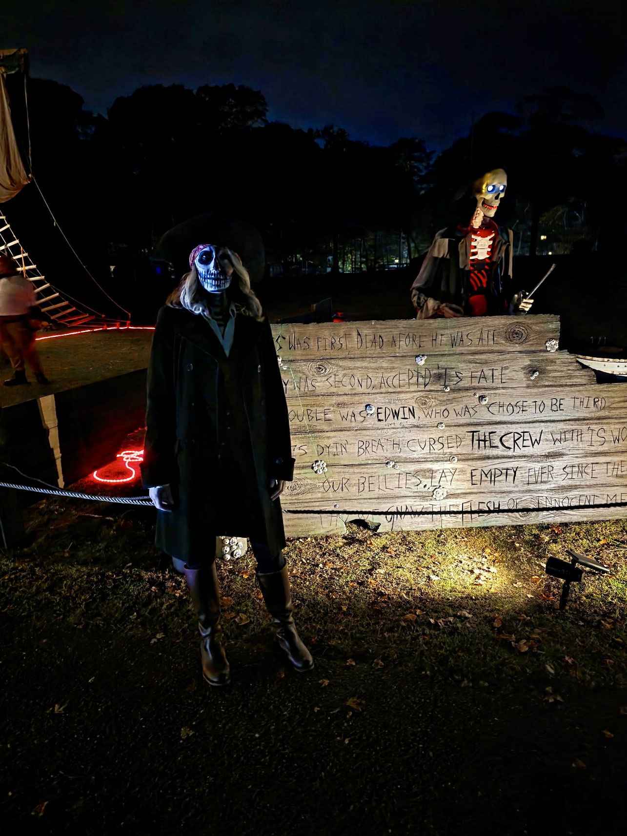 Costumed characters and elaborate pirate-themed decorations create a frightening atmosphere along the Spooky Walk haunted trail in Center Moriches. The annual attraction features theatrical scenes built and operated by volunteers, with proceeds benefiting Camp Pa-Qua-Tuck and its programs for individuals with special needs. Photo courtesy of Camp Pa-Qua-Tuck Fundraisers.