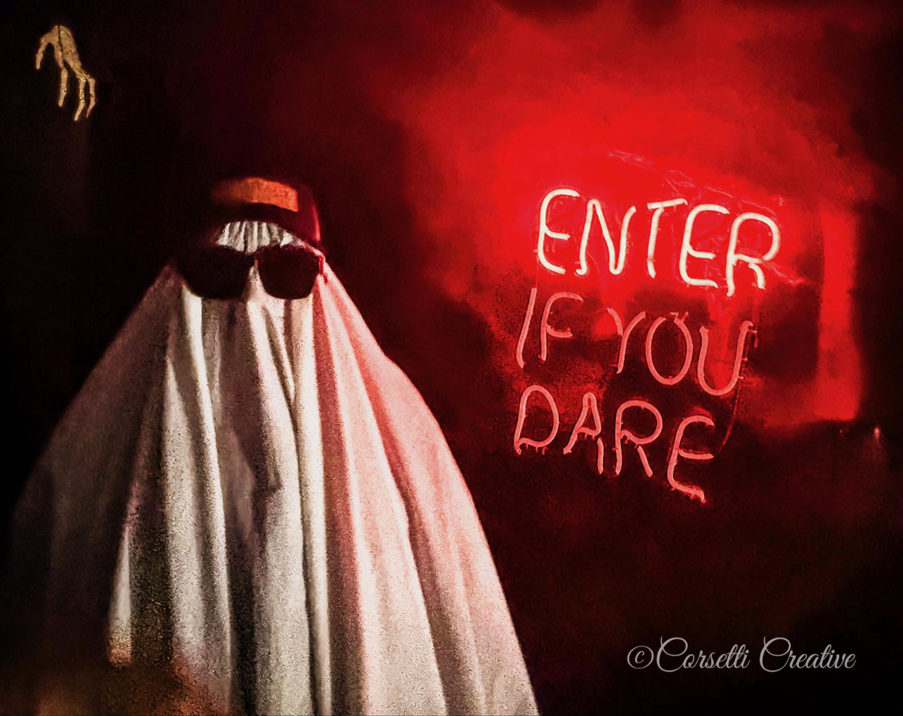 A ghostly figure wearing sunglasses stands beside a glowing red "Enter If You Dare" sign inside one of Spooky Walk's haunted environments. Dramatic lighting, theatrical props and unexpected encounters help create the immersive Halloween experience that has entertained Long Island visitors for nearly four decades. Photo credit: Corsetti Creative, courtesy of Camp Pa-Qua-Tuck Fundraisers.